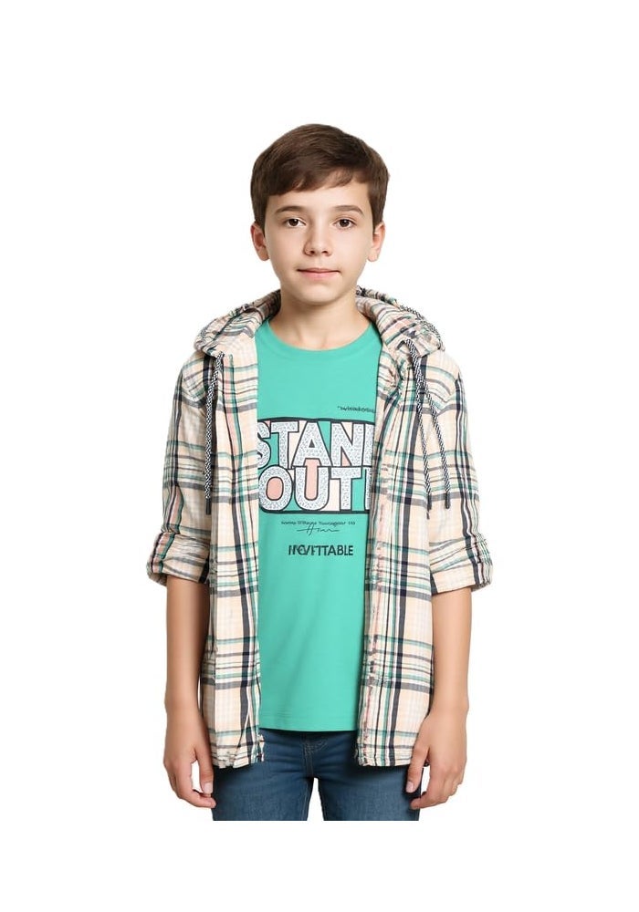 CAVIO Boys Cotton Checks Full Sleeve Hooded Shirt and T-Shirt - Image 1